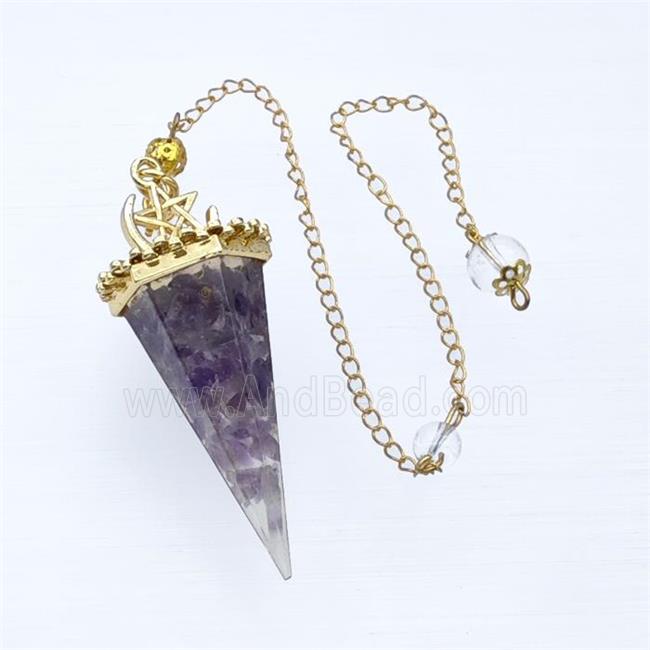 Purple Amethyst Chips Resin Pendulum Pendant With Chain Gold Plated