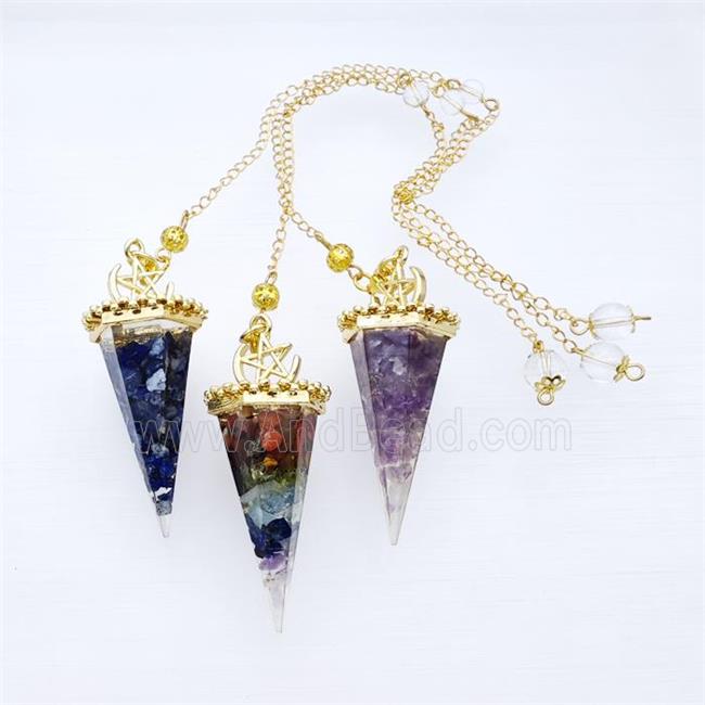 Gemstone Chips Resin Pendulum Pendant With Chain Gold Plated Mixed