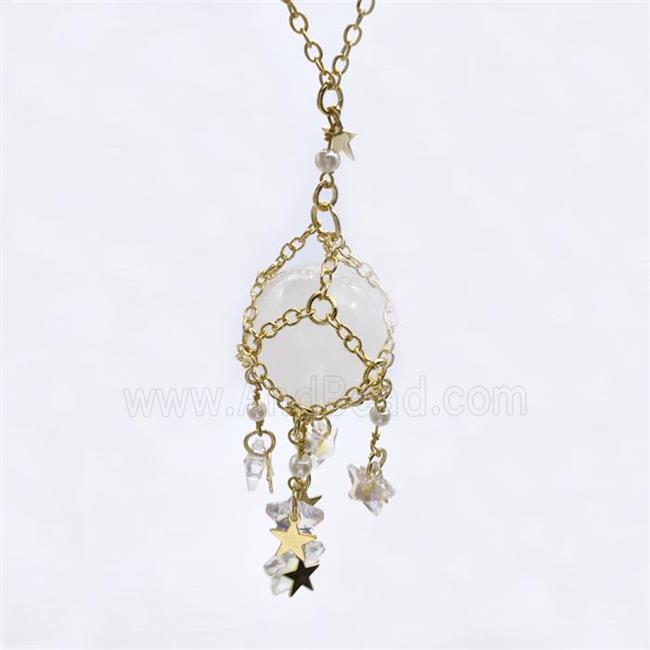 Clear Quartz Sphere Necklace Copper Chain Wrapped Gold Plated