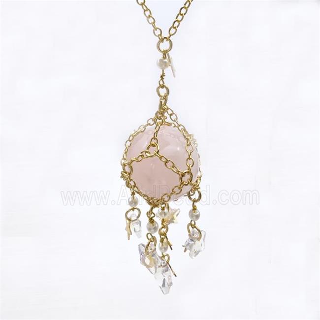 Pink Rose Quartz Sphere Necklace Copper Chain Wrapped Gold Plated