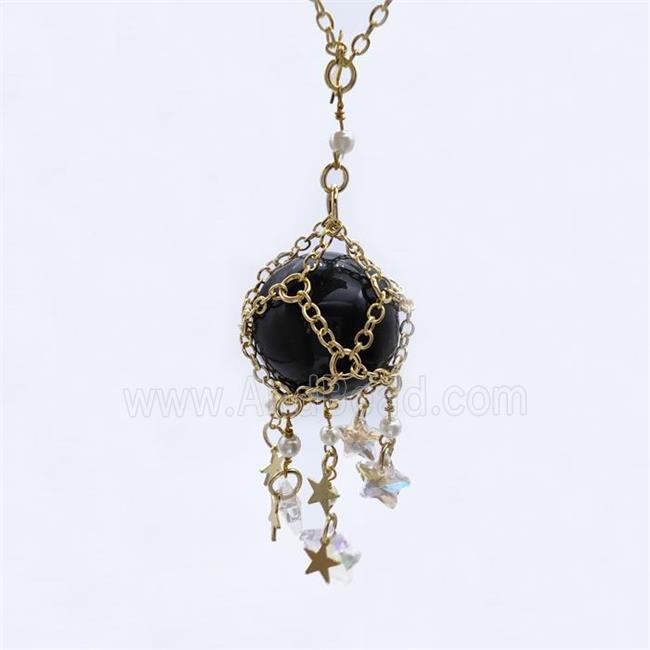 Black Obsidian Sphere Necklace Copper Chain Wrapped Gold Plated