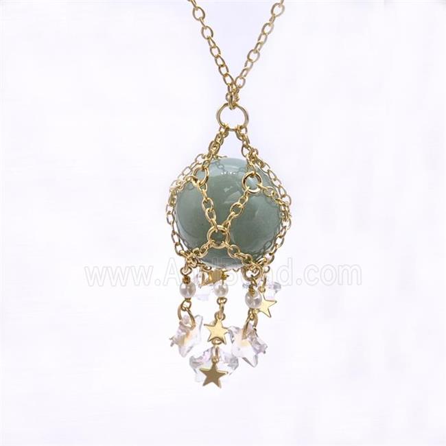 Green Aventurine Sphere Necklace Copper Chain Wrapped Gold Plated