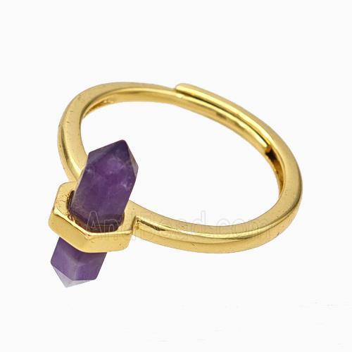 Gemstone Rings With Purple Amethyst Prism Adjustable Gold Plated