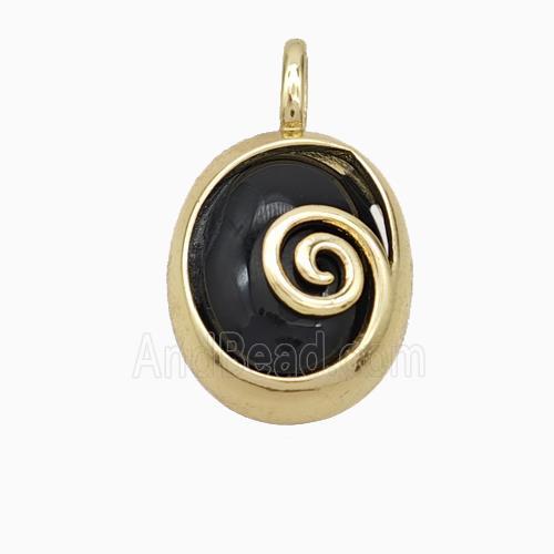 Copper Oval Pendant Pave Black Obsidian Gold Plated