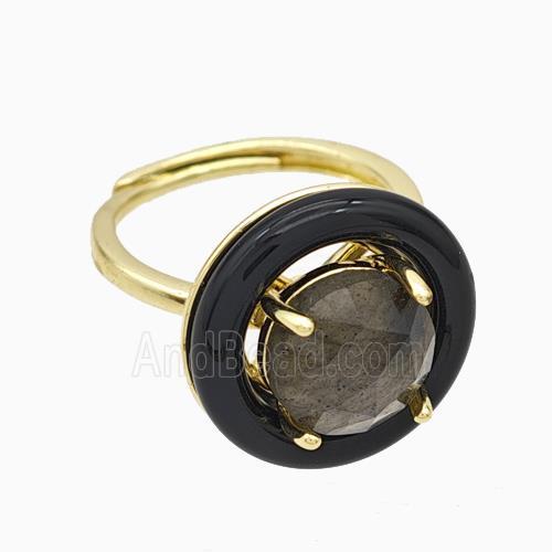 Copper Rings Pave Labradorite Black Enamel Adjustable Gold Plated