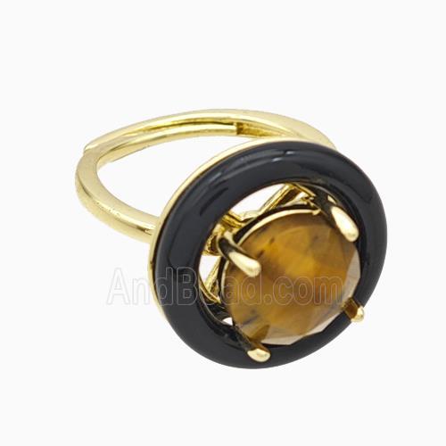 Copper Rings Pave Tiger Eye Stone Black Enamel Adjustable Gold Plated
