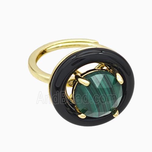 Copper Rings Pave Malachite Black Enamel Adjustable Gold Plated