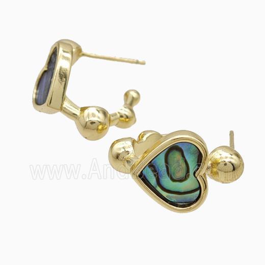Copper Heart Stud Earrings Pave Abalone Shell Gold Plated