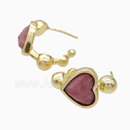 Copper Heart Stud Earrings Pave Wood Lace Jasper Gold Plated