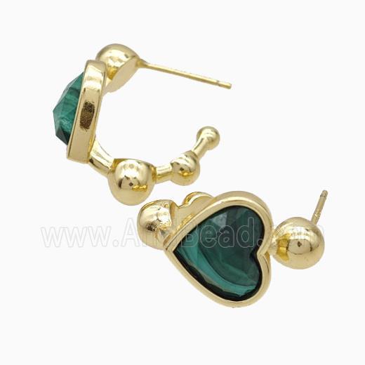 Copper Heart Stud Earrings Pave Malachite Gold Plated