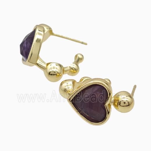 Copper Heart Stud Earrings Pave Purple Amethyst Gold Plated