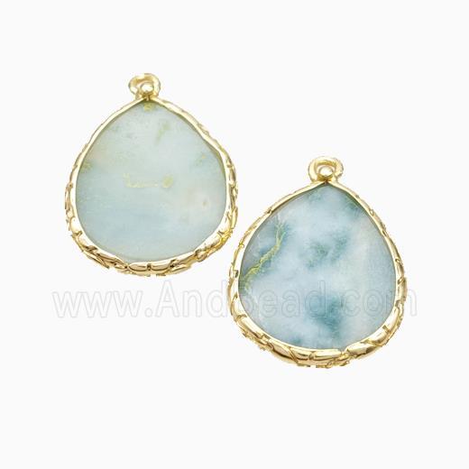 Natural Chinese Amazonite Teardrop Pendant Flat Blue Gold Plated