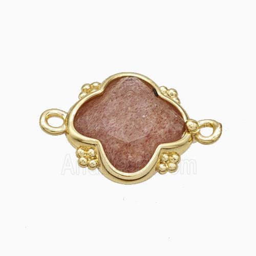 Natural Pink Strawberry Quartz Clover Connector Gold Plated