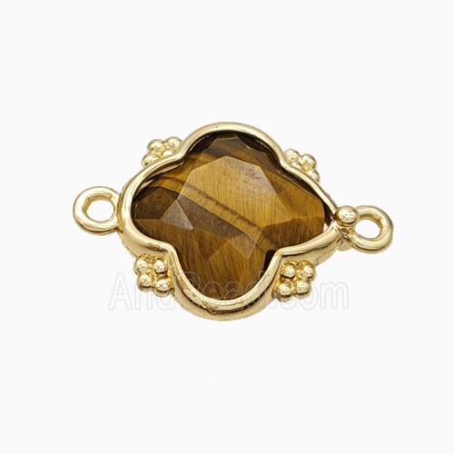 Natural Tiger Eye Stone Clover Connector Gold Plated