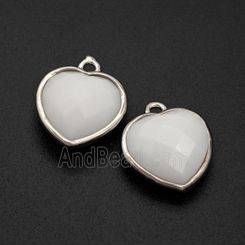 White Porcelain Heart Pendant Faceted Platinum Plated