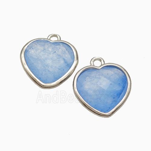 Blue Dye Jade Heart Pendant Faceted Platinum Plated