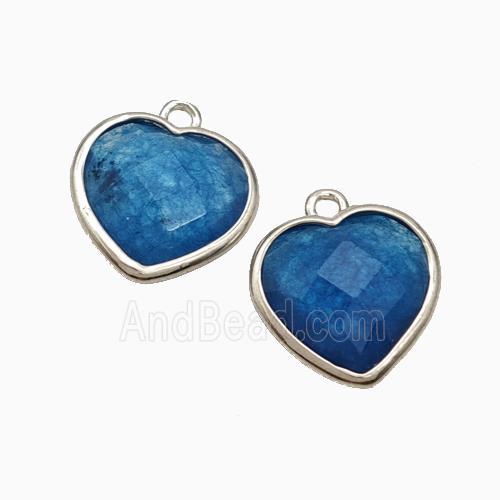 Blue Dye Jade Heart Pendant Faceted Platinum Plated