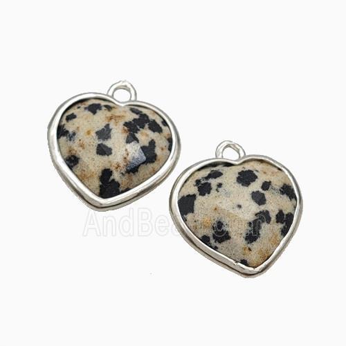 Natural Black Dalmatian Jasper Heart Pendant Faceted Platinum Plated