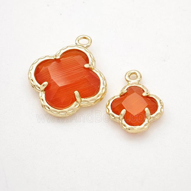 Red Cats Eye Glass Clover Pendant Gold Plated