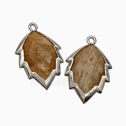 Natural Peach Sunstone Leaf Pendant Platinum Plated