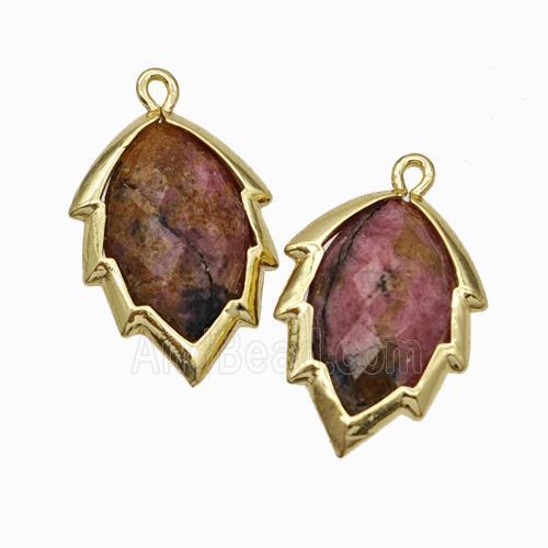 Natural Chinese Pink Rhodonite Leaf Pendant Gold Plated