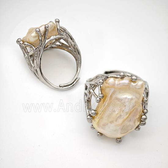 Copper Ring Pave Pearl Adjustable Platinum Plated