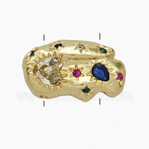 Copper Beads Pave Zirconia Multicolor Heart 2holes Gold Plated