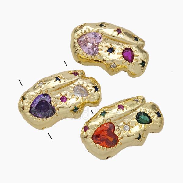 Copper Beads Pave Zirconia Multicolor Heart 2holes Gold Plated Mixed