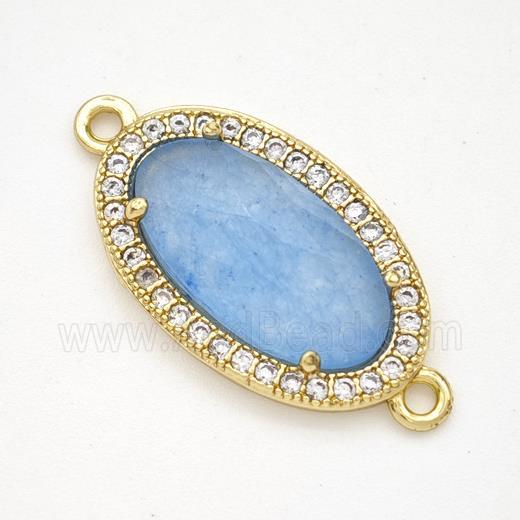 Blue Dye Jade Oval Connector Copper Pave Zirconia Gold Plated