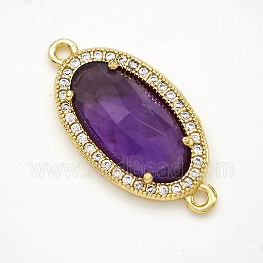 Natural Purple Amethyst Oval Connector Copper Pave Zirconia Gold Plated