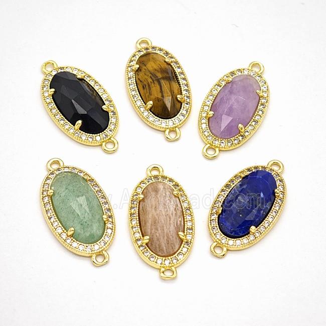 Gemstone Oval Connector Copper Pave Zirconia Gold Plated Mixed