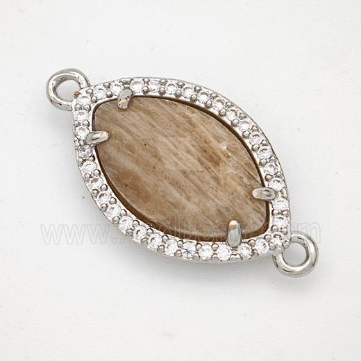 Natural Peach Sunstone Eye Connector Copper Pave Zirconia Platinum Plated