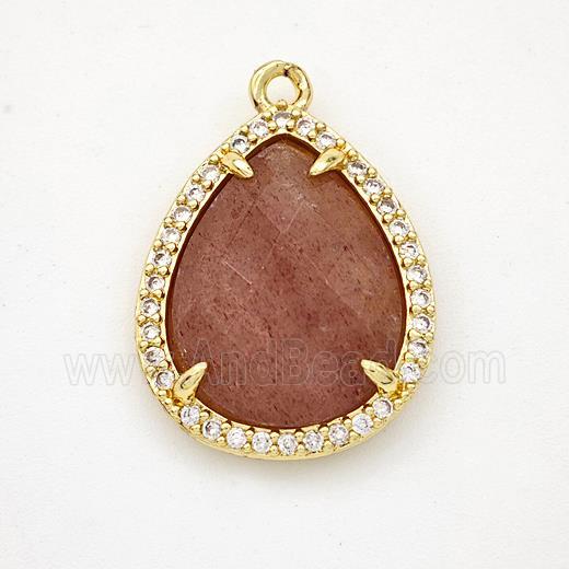 Natural Pink Strawberry Quartz Teardrop Pendant Copper Pave Zirconia Gold Plated