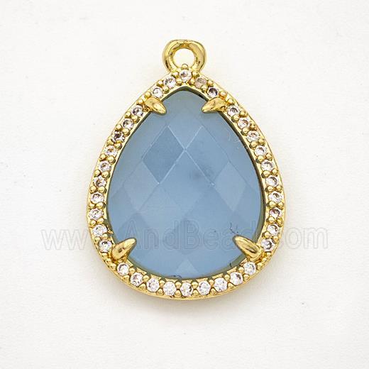 Blue Dye Jade Teardrop Pendant Copper Pave Zirconia Gold Plated