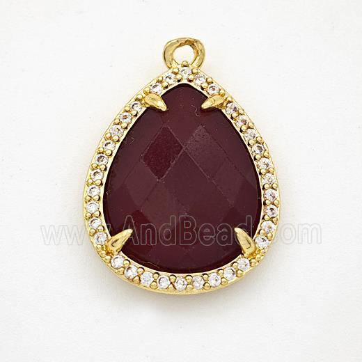 Darkred Dye Jade Teardrop Pendant Copper Pave Zirconia Gold Plated