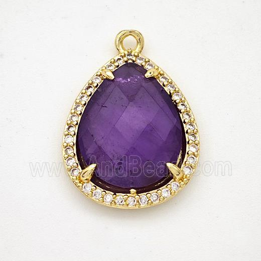 Natural Purple Amethyst Teardrop Pendant Copper Pave Zirconia Gold Plated