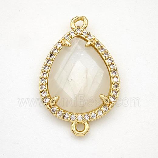 White Moonstone Teardrop Connector Copper Pave Zirconia Gold Plated