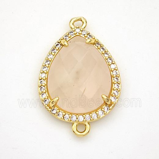 Pink Rose Quartz Teardrop Connector Copper Pave Zirconia Gold Plated