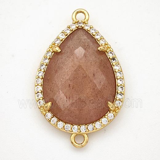 Pink Strawberry Quartz Teardrop Connector Copper Pave Zirconia Gold Plated