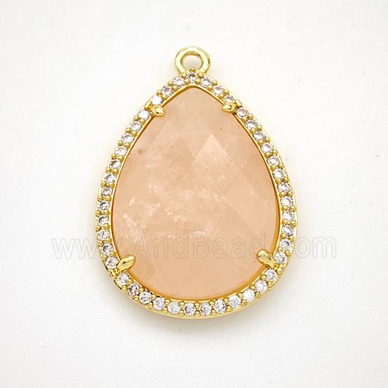 Pink Rose Quartz Teardrop Pendant Copper Pave Zirconia Gold Plated