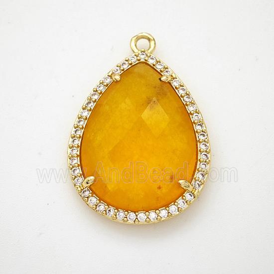 Orange Dye Jade Teardrop Pendant Copper Pave Zirconia Gold Plated