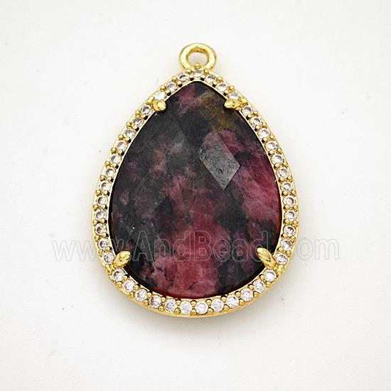 Rhodonite Teardrop Pendant Copper Pave Zirconia Gold Plated