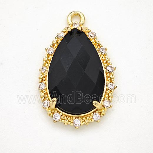 Black Obsidian Teardrop Pendant Copper Pave Zirconia Gold Plated