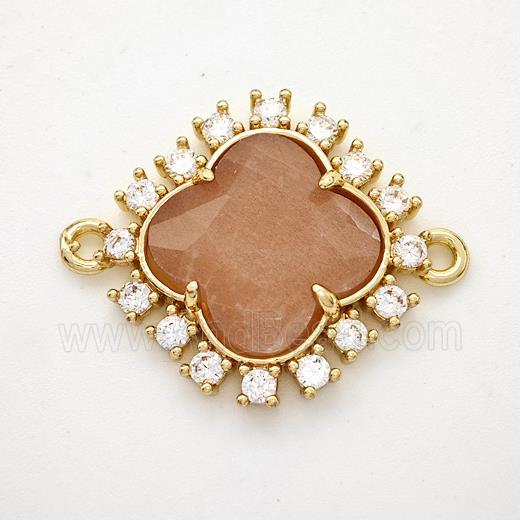 Natural Peach Moonstone Clover Connector Copper Pave Zirconia Gold Plated