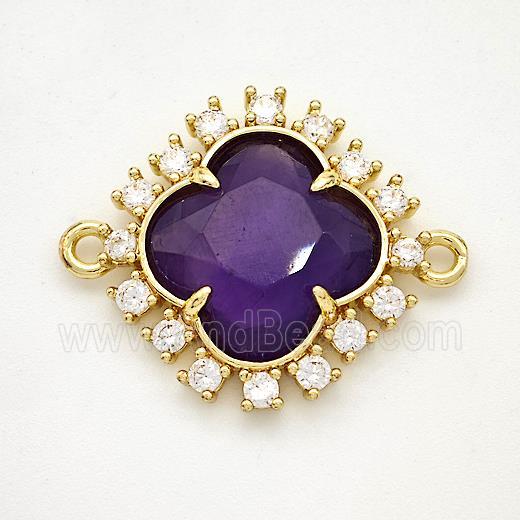 Natural Purple Amethyst Clover Connector Copper Pave Zirconia Gold Plated