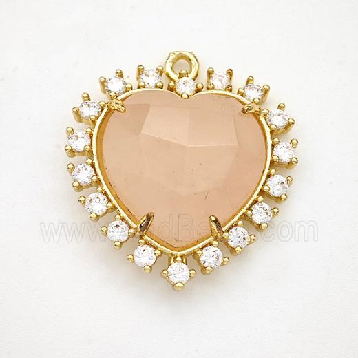 Natural Pink Rose Quartz Heart Pendant Copper Pave Zirconia Gold Plated