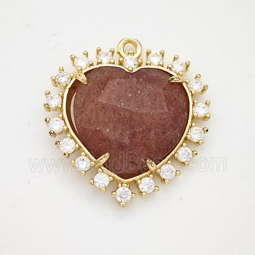 Natural Strawberry Quartz Heart Pendant Copper Pave Zirconia Gold Plated