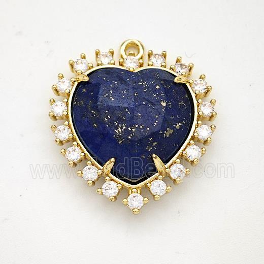 Natural Blue Lapis Lazuli Heart Pendant Copper Pave Zirconia Gold Plated