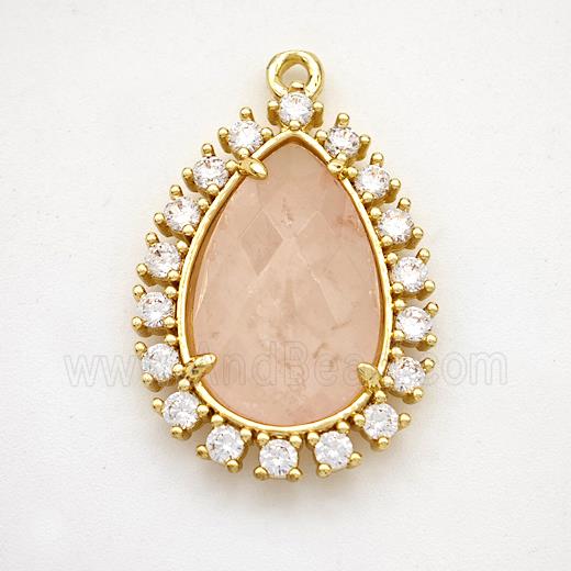 Pink Rose Quartz Teardrop Pendant Copper Pave Zirconia Gold Plated