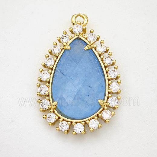 Blue Dye Jade Teardrop Pendant Copper Pave Zirconia Gold Plated